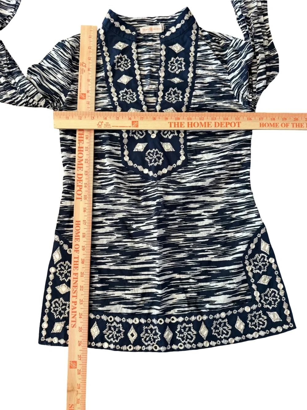 Tory Burch Navy Ikat Tunic Blouse Shisha Mirror Embellished Size 2 Space dye